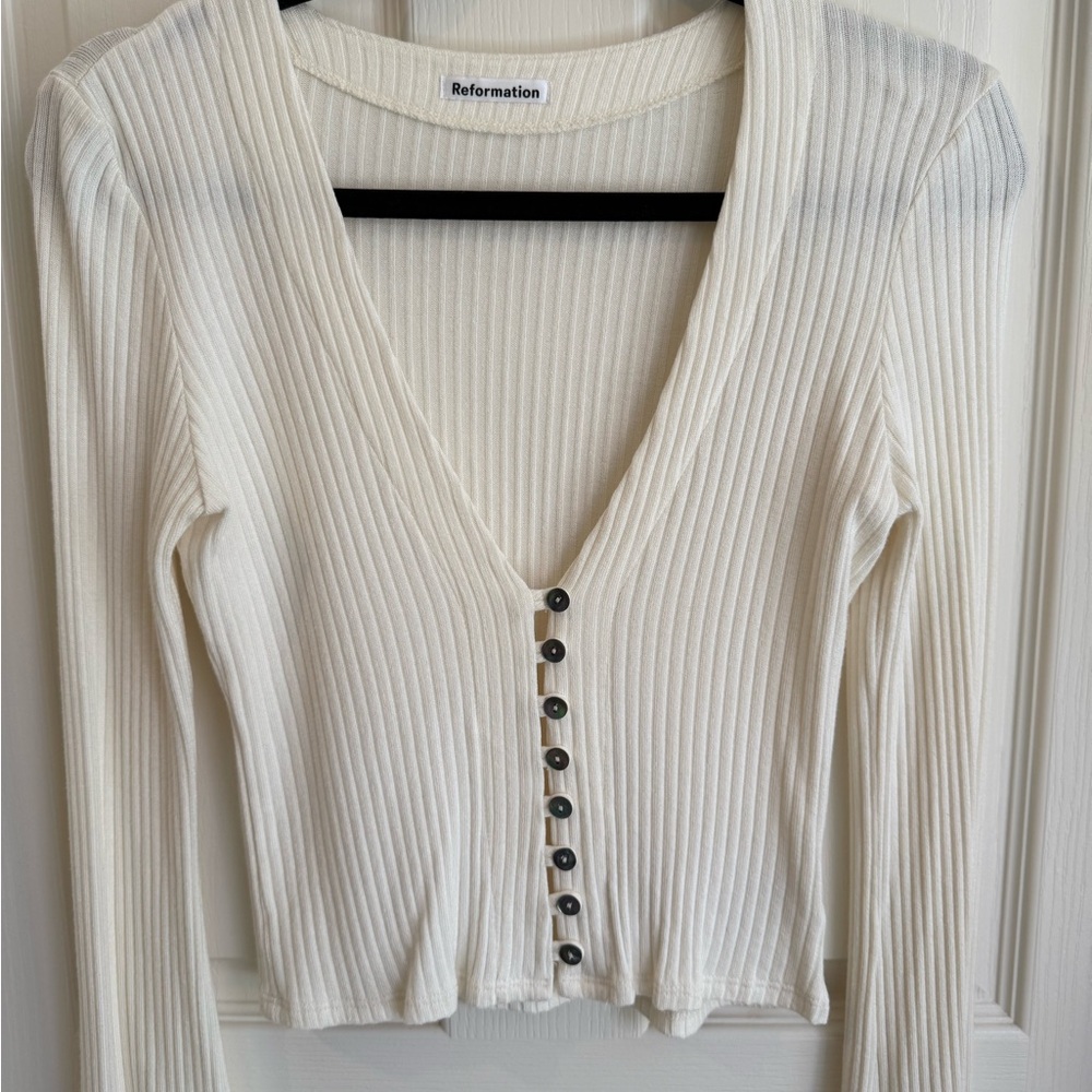 Reformation Cream Button Down Ribbed Crop Blouse